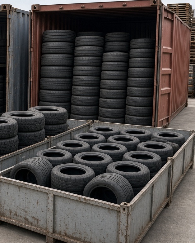 End-of-life tyres stored in containers and steel bins